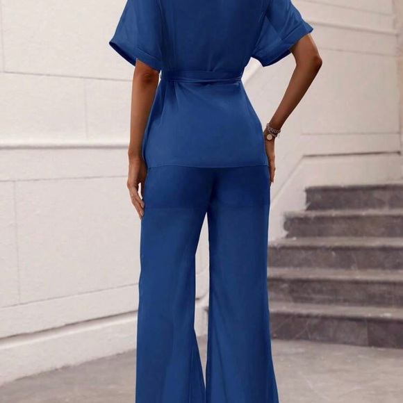 Solid Chiffon Batwing Sleeve Belted Blouse & Wide Leg Pant Suit *NEW* - Picture 2 of 7